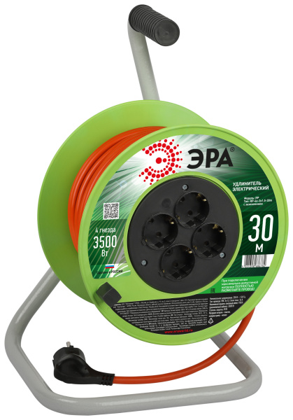 ЭРА Удлинитель силовой RP-4e-3x1.5-30m на пластиковой катушке c заземлением 4 розетки 30м ПВС 3х1,5мм2