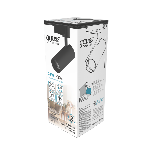 Купить Gauss Светильник трековый цилиндр 24W 1830lm 4000K 180-240V IP20 65*210мм черный угол 24º LED TR071