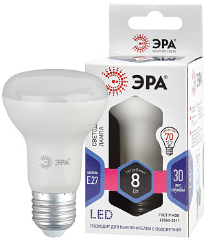 ЭРА LED R63-8W-860-E27 (диод, рефлектор, 8Вт, холод, E27), (10/100/1500)