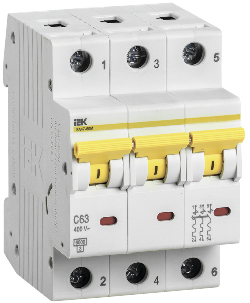 IEK KARAT Выключатель автоматический ВА47-60M 3Р 63А 6кА С MVA31-3-063-C