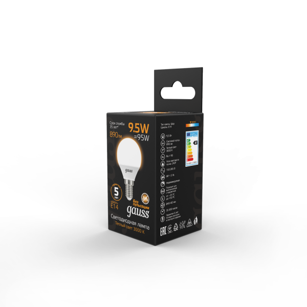 Купить Gauss Лампа Шар 9.5W 890lm 3000K E14 LED 105101110