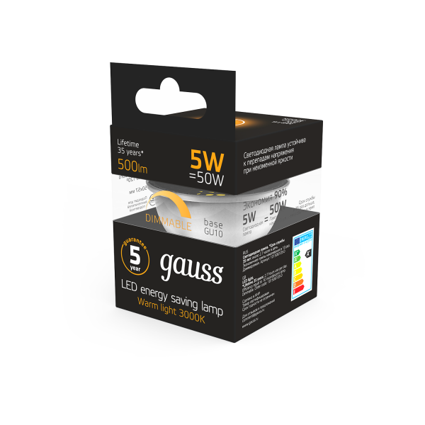 Купить Gauss Лампа MR16 5W 500lm 3000K GU10 диммируемая LED 1/10/100 101506105-D