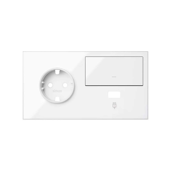 Simon 100 Белый глянец Кит 2 поста, фронт. Накладка на 1 розетку Schuko (слева) + 1 з/у USB SC + 1 клавиша выключателя 10020207-130