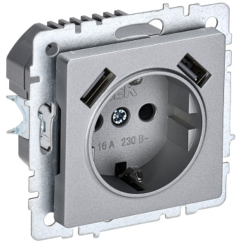 IEK BRITE BASE Алюминий Розетка с з/к/ш 16А с USB A+A 3,1А РЮш10-2-БрА