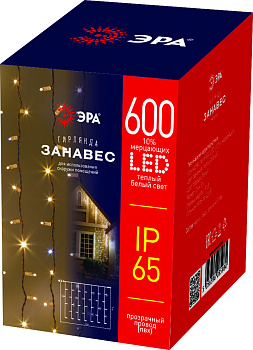 ЭРА ERAPS-SP1 Гирлянда 600LED Занавес 2м*3м, теплый свет, бел. мерц, прозрачн. ПВХ, 220В, IP65