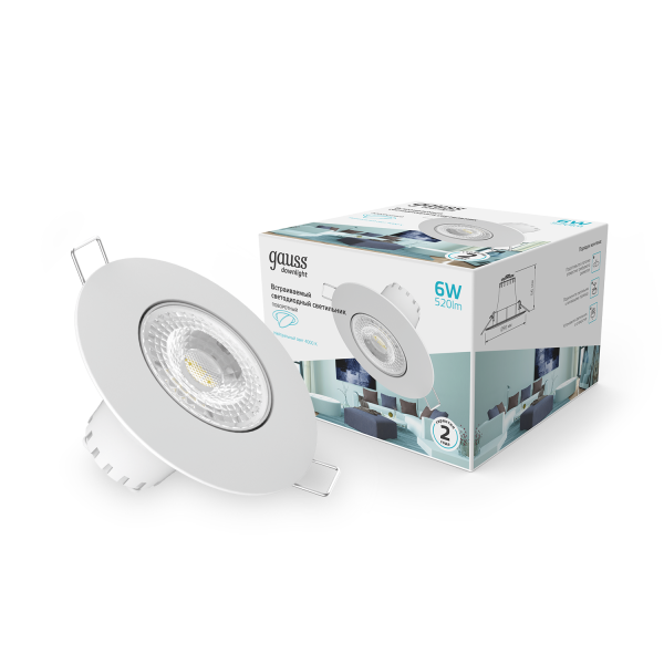 Gauss Светильник Downlight круг 6W 520lm 4000K 100-265V IP20 монтаж Ø65 90*56мм белый LED 947411206 Купить Gauss Светильник Downlight круг 6W 520lm 4000K 100-265V IP20 монтаж Ø65 90*56мм белый LED 947411206