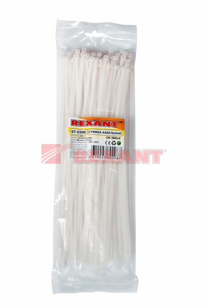 Купить Хомут nylon 300 x 3,6 мм 100 шт белый Rexant 07-0300