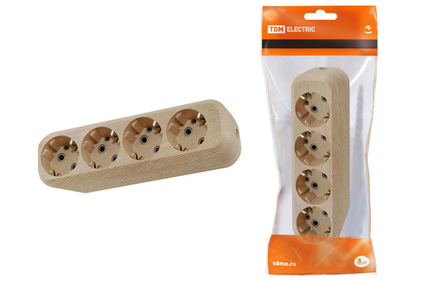 TDM Колодка розеточная 4 гнезда 2П+3 16А 250В "Эко" (сосна) SQ1806-0051