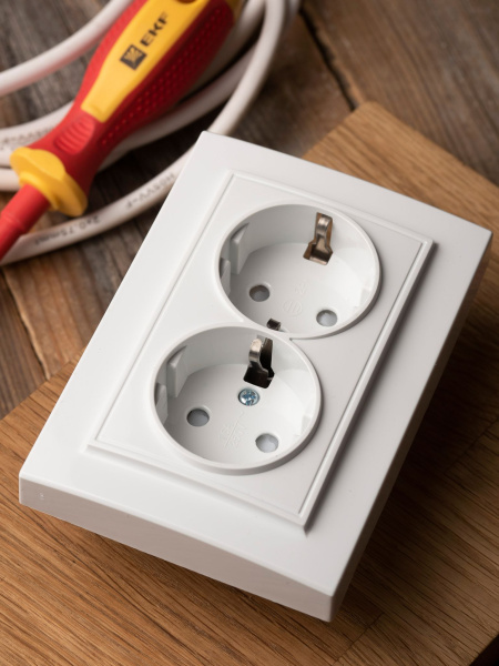 Купить EKF Basic Минск Белый Розетка 2-ая, с/з,со шторками, 16А, СП