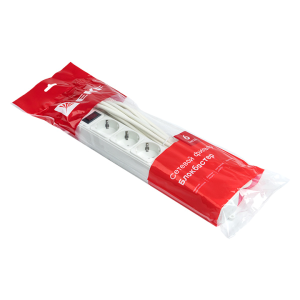 Купить EKF PROxima Сетевой фильтр 6*5м 10А/2,2кВт с выкл. c/з ПВС 3х0,75 Блокбастер