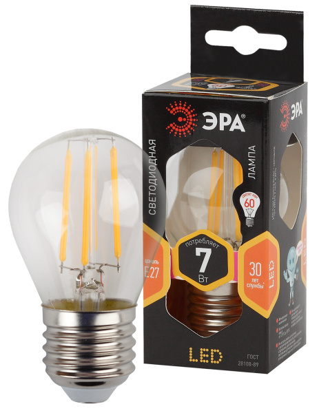 ЭРА F-LED P45-7W-827-E27 (филамент, шар, 7Вт, тепл, E27)
