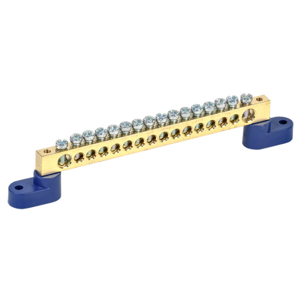 Шина «N» нулевая 8х12 мм на двух угловых синих изоляторах 16 групп Rexant 11-2337