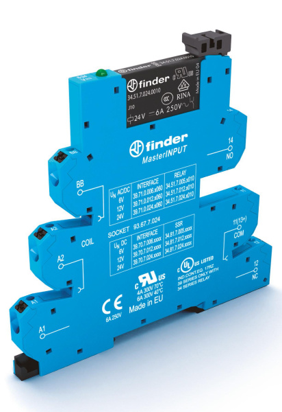 Finder Интерфейсный модуль, электромеханические реле, серия MasterINPUT; 1CO 6A; контакты AgNi+Au; питание 24В AC/DC; категория защиты IP20; безвинтов 397100245060