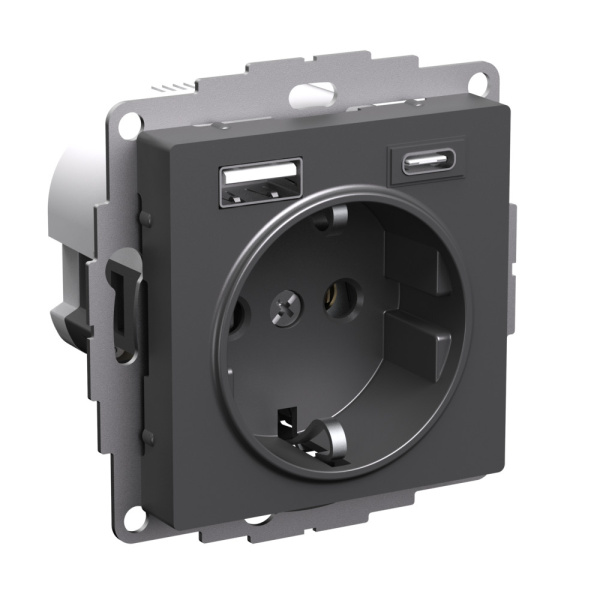 Systeme Electric AtlasDesign Базальт Розетка 16А с 2 USB A+C, 5В/2,4А/3,0А, 2х5В/1,5А, механизм