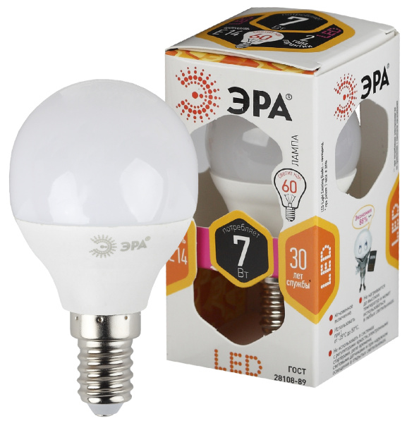 ЭРА LED P45-7W-827-E14 (диод, шар, 7Вт, тепл, E14)
