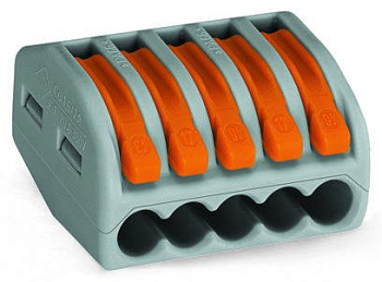 Wago клеммы для всех типов проводников; макс. 4 мм²; 5-проводн.; с рычагами; серый корпус 222-415