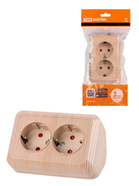TDM Розетка угловая двойная 2П+3 открытой установки с з/ш IP20 250В 16А сосна "Ладога" SQ1801-0443