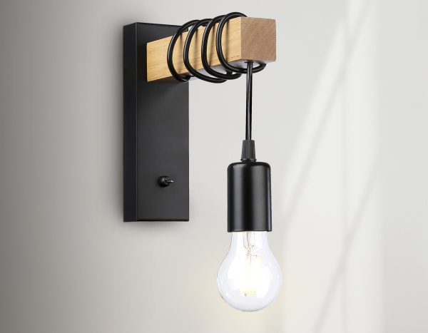 Купить Ambrella Настенный светильник с выключателем в стиле лофт TR8181 BK/LW черный/светлое дерево E27 max 40W 395*60*210