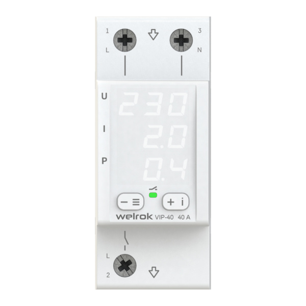 Welrok VIP-40 Реле напряжения с контролем тока 40 А (max 50 A), 8 800 ВА