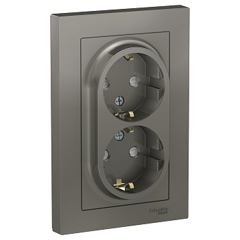 Systeme Electric AtlasDesign Сталь Розетка с/з двойная, со шторками, 16А, в сборе