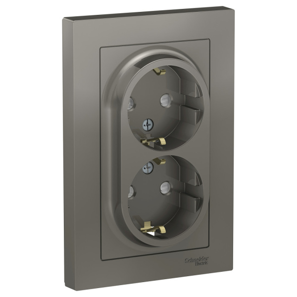Systeme Electric AtlasDesign Сталь Розетка с/з двойная, со шторками, 16А, в сборе
