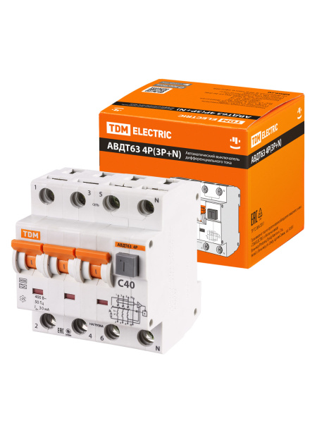 TDM АВДТ 63 4P(3Р+N) C40 30мА 6кА тип А SQ0202-0020