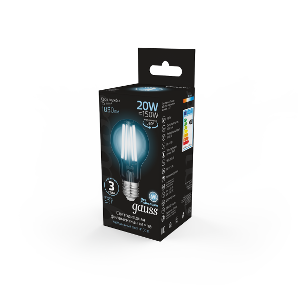 Купить Gauss Лампа Filament А60 20W 1850lm 4100К Е27 LED 102902220