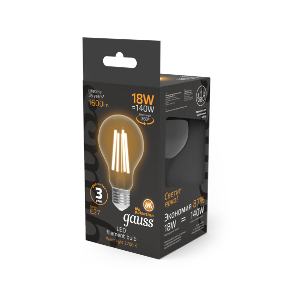 Купить Gauss Лампа Filament А60 18W 1600lm 2700К Е27 LED 1/10/40 102902118