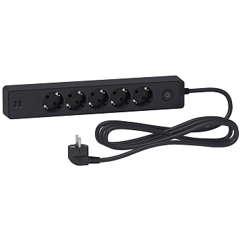 SE Unica Extend Черный Удлинитель 5 розеток 2К+З, кабель 3м, 2 USB ST945U3B