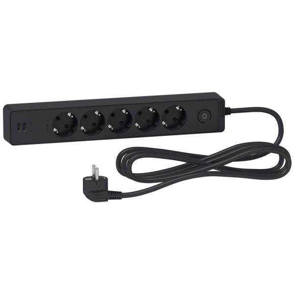 SE Unica Extend Черный Удлинитель 5 розеток 2К+З, кабель 3м, 2 USB ST945U3B
