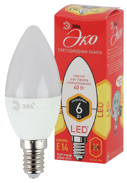 ЭРА ECO LED B35-6W-827-E14 Лампа (диод, свеча, 6Вт, тепл, E14)