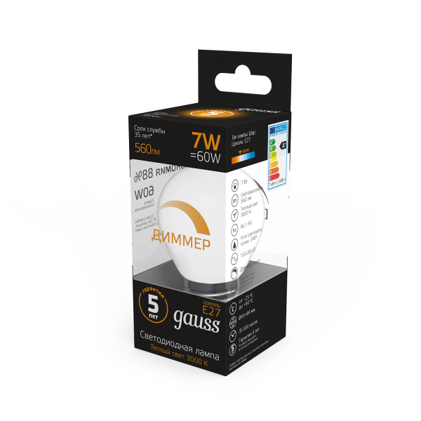 Купить Gauss Лампа Шар 7W 560lm 3000К Е27 диммируемая LED 105102107-D
