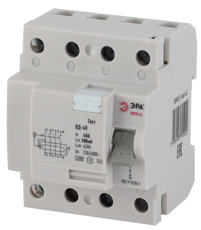 ЭРА SIMPLE-mod-53 SIMPLE Устройство защитного отключения УЗО ВД-40 4P 40А/300мА (электронное)