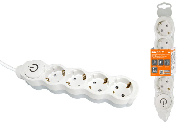 TDM Удлинитель бытовой "Люкс" УЛ04В выкл, 4 гнезда, 5м, с/з, с з/ш, ПВС 3х1мм2 16А/250В бело-серый SQ1303-0135