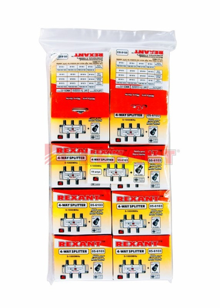 Купить Делитель ТВ х 4 + 5шт. F "BOX" 5-1000 МГц "Silver" Rexant 05-6103