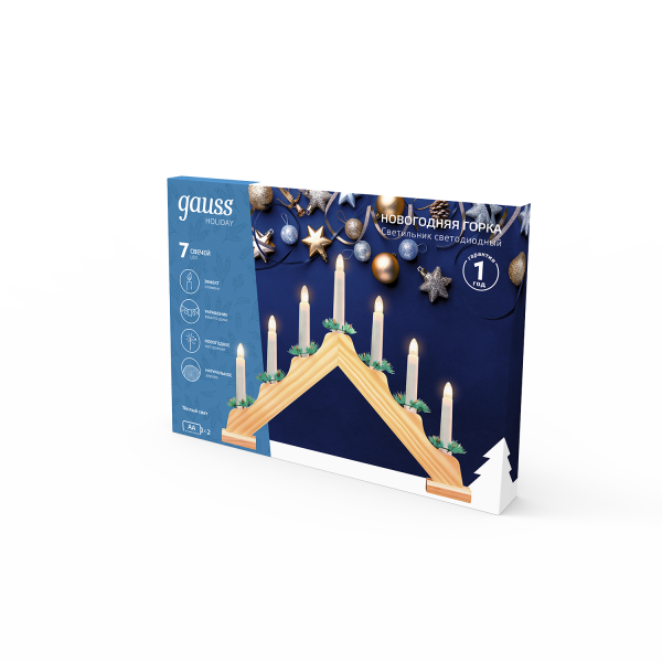 Купить Gauss Светильник светодиодный "Новогодняя горка" серия Holiday, 7 LED свечей, ,1W*7, тёплый свет, дерево, новогодний декор, батарейки в комплекте, HL020