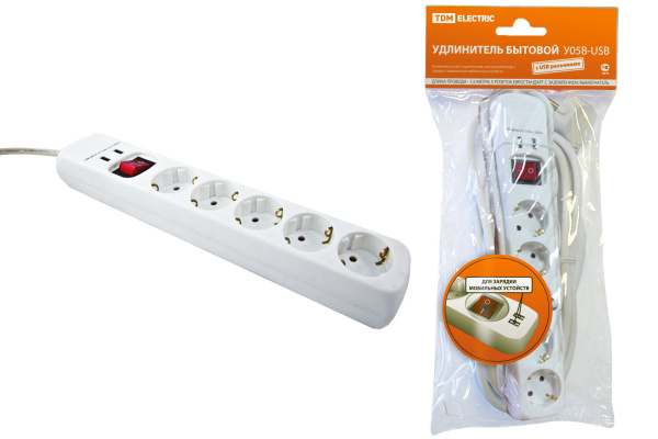 TDM Удлинитель бытовой У05В-USB 5 гнезд, 2USB разъема, 1,5 метра, вык., з/к, ПВС 3х1мм2 16А/250В SQ1303-0302