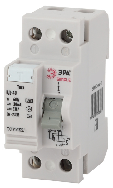 ЭРА SIMPLE-mod-43 SIMPLE Устройство защитного отключения УЗО ВД-40 2P 40А/30мА (электронное)