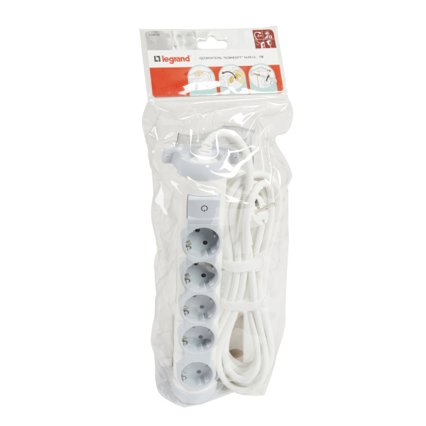 Купить Legrand Комфорт Бело-серый Удлинитель 5x2К+З, с выкл., кабель 5м, фиксир. поворотный блок, возможно крепление к стене 694685