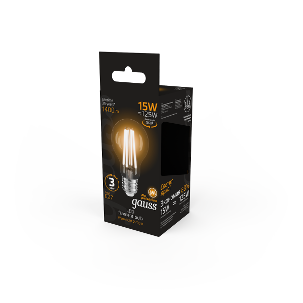 Купить Gauss Лампа Filament А60 15W 1400lm 2700К Е27 LED 102902115