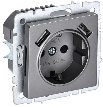 IEK BRITE BASE Сталь Розетка с з/к/ш 16А с USB A+A 3,1А РЮш10-2-БрС
