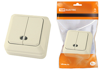 TDM Выключатель 2-кл. открытой установки с подсветкой IP20 10А, сл. кость "Ладога" SQ1801-0008