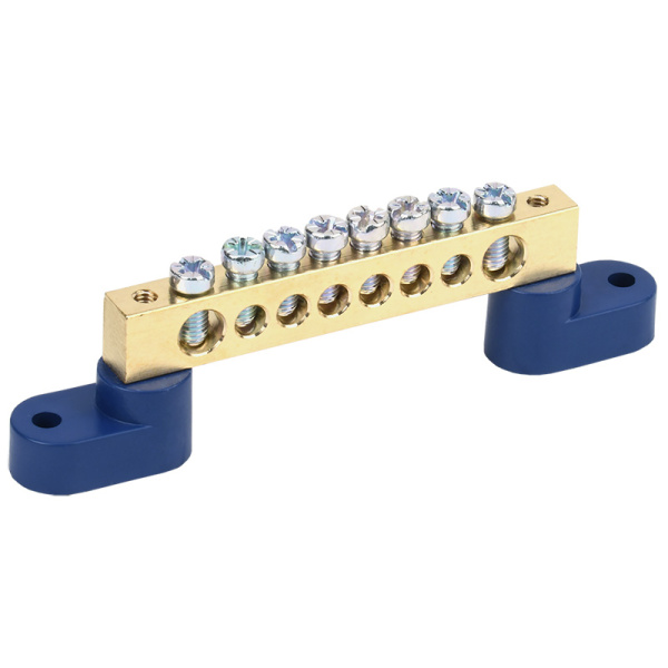 Шина «N» нулевая 8х12 мм на двух угловых синих изоляторах 8 групп Rexant 11-2333