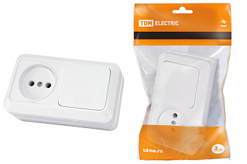 TDM Блок комбинированный выкл. 1-кл. 10А + розетка 2П 10А 250В БКВР IP20 белый "Ладога" SQ1801-0105