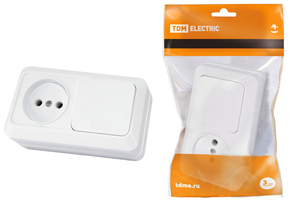 TDM Блок комбинированный выкл. 1-кл. 10А + розетка 2П 10А 250В БКВР IP20 белый "Ладога" SQ1801-0105