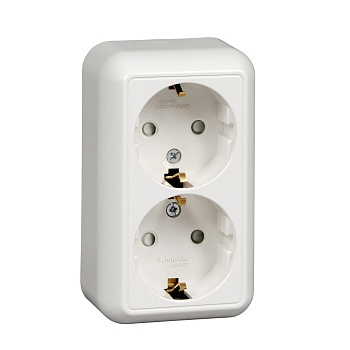 SE Wessen Прима наруж Бел Розетка 2-ая с/з с защитными шторками 16А, с изолир. пластиной (в сборе)(опт.упак.) RA16-214I-B