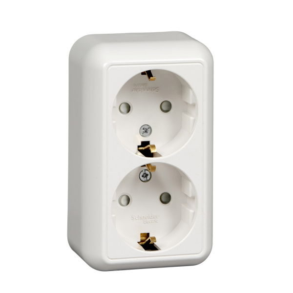 SE Wessen Прима наруж Бел Розетка 2-ая с/з с защитными шторками 16А, с изолир. пластиной (в сборе)(опт.упак.) RA16-214I-B
