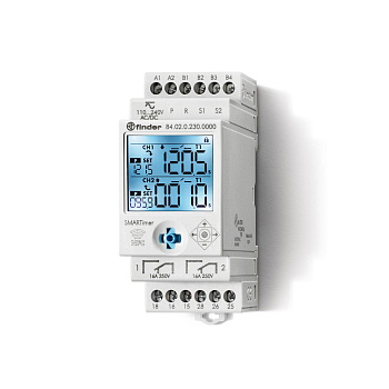 Finder Электронный таймер мультифункциональный (25 функций); 2 независимых канала 1CO (16A) + 1CO (16A);  питание 110…240В АС/DC; дисплей с подсветкой 840202300000