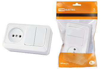 TDM Блок комбинированный выкл. 2-кл. 10А + розетка 2П 10А 250В БКВР IP20 белый "Ладога" SQ1801-0106