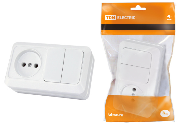 TDM Блок комбинированный выкл. 2-кл. 10А + розетка 2П 10А 250В БКВР IP20 белый "Ладога" SQ1801-0106